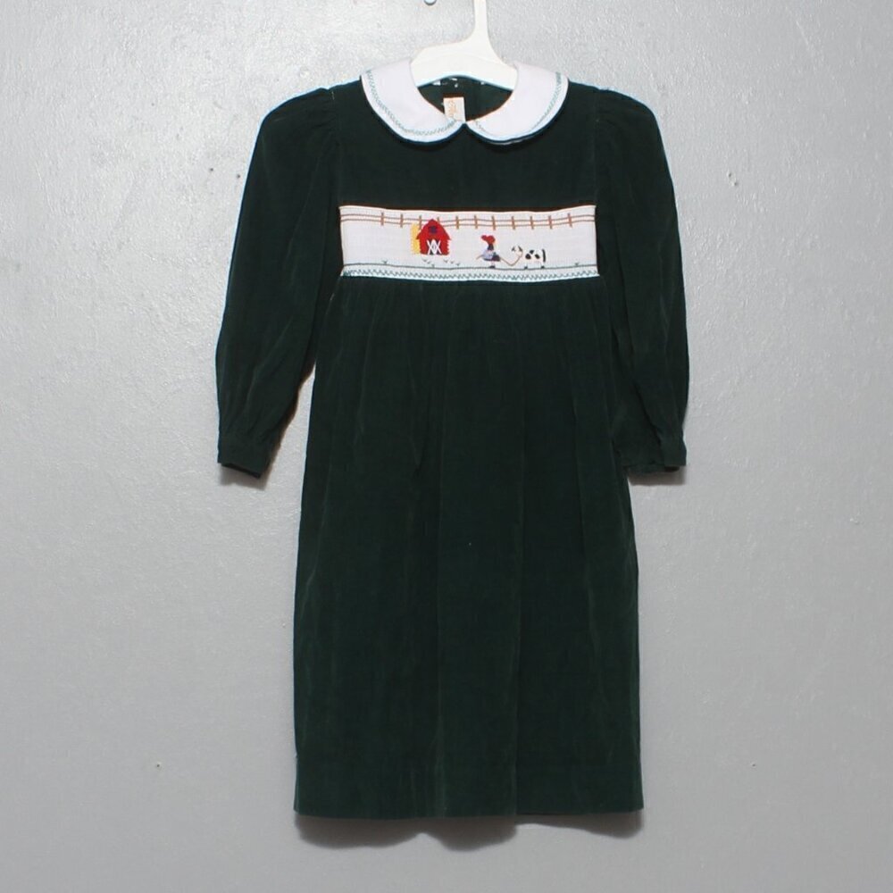 Anavini vintage smocked farm embroidered green velvet long sleeve dress